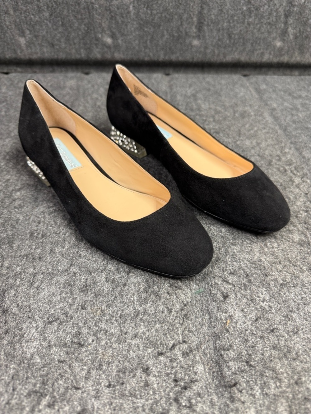 Betsey Johnson Black Suede Low Heel Flats with Rhinestone Accent
